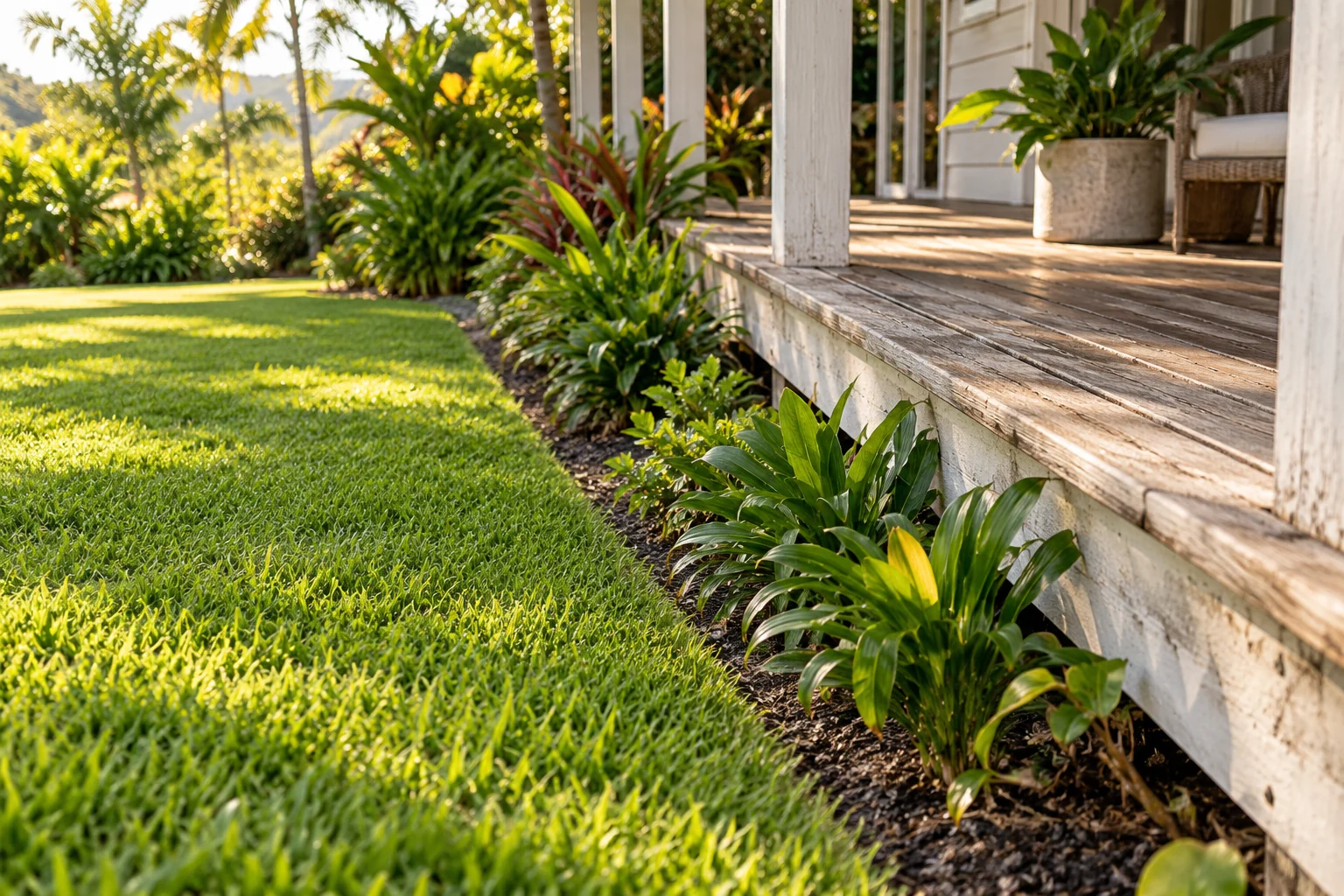 Illustrative lawn edge beside a timber veranda