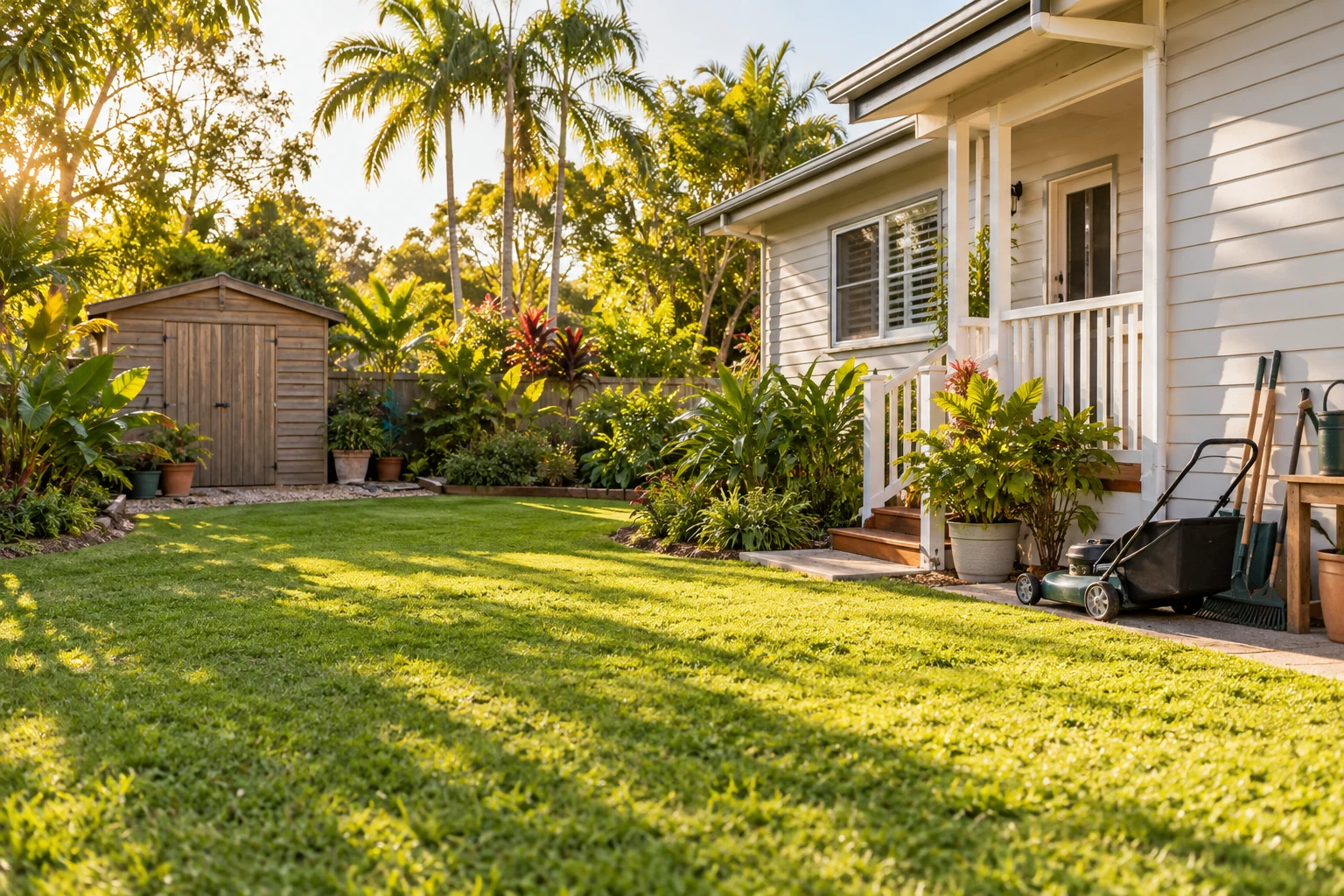 Illustrative Queensland home and garden with a maintained lawn, timber shed and garden tools