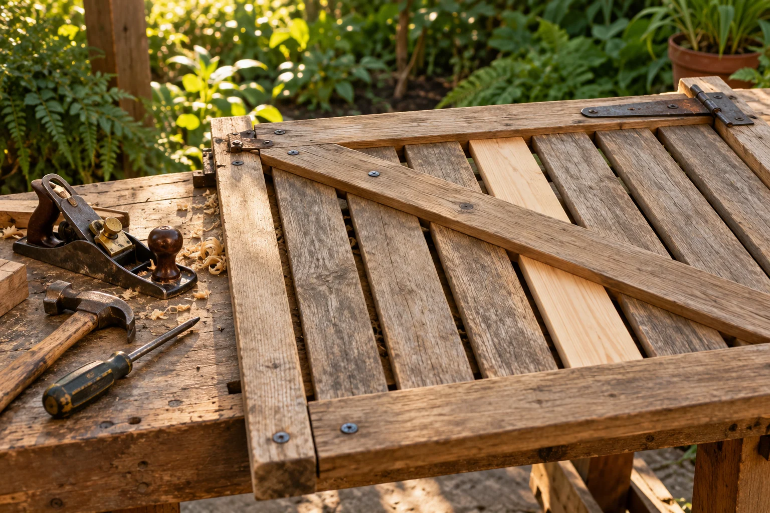 Illustrative hand tools and timber gate detail